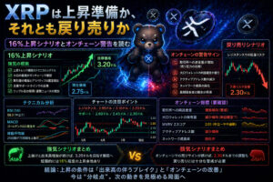 XRPは上昇準備か、それとも戻り売りか。16％上昇シナリオとオンチェーン警告を読む。